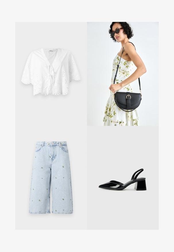 Hvit bluse med V-hals, korte ermer og bølget kant. Blonder broderi langs kantene, med knyte-lukking foran.; Lysblå denimshorts med blomstermønster, som har tusenfryd og grønne blader. Klassisk fem-lomme design og en frynset kant.; Svarte patentlær slingback hæler med spiss tå og geometrisk blokk hæl. Har et stilrent, minimalistisk design og jevn tekstur.; Svart lærveske med en buet form, avtagbar stropp og gullbeslag. Vesken har et klaff med spenne-detall.