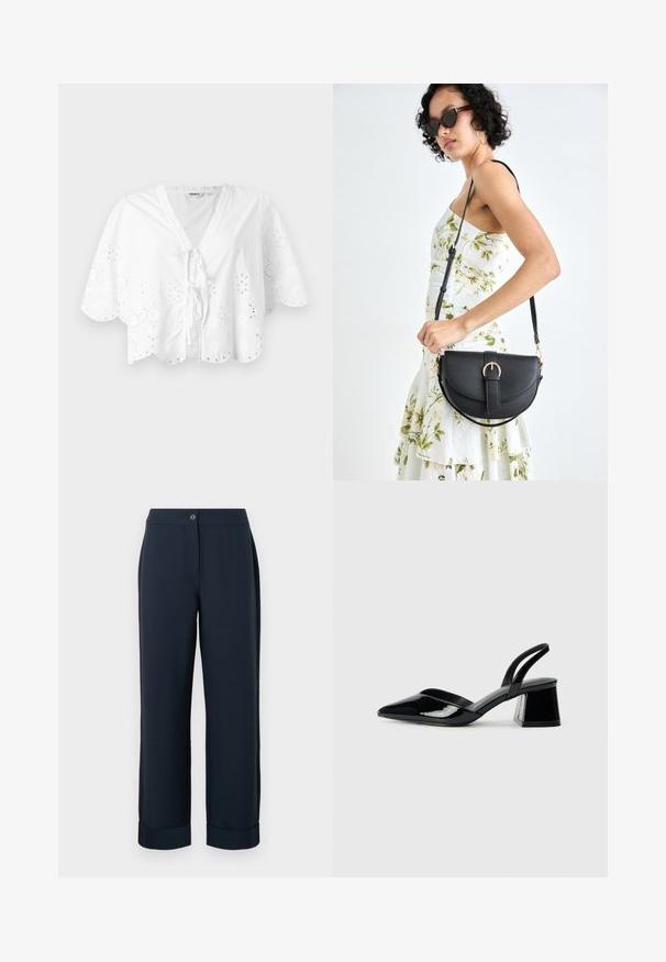 White blouse featuring a V-neck, short sleeves, and scalloped hem. Eyelet embroidery detail around the edges, with a tie closure at the front.; Navy blue tailored pants with a straight cut, featuring a button closure and cuffed hems, crafted from a smooth, lightweight fabric.; Black patent leather slingback heels with a pointed toe and a geometric block heel. Features a sleek, minimal design and smooth texture.; Black leather handbag with a curved shape, detachable strap, and gold hardware. The bag features a flap with a buckle detail.
