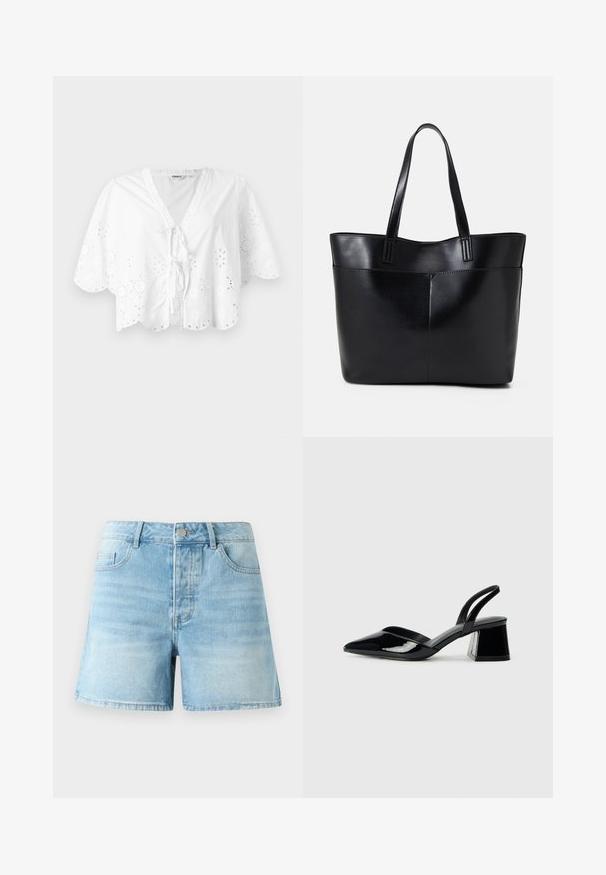 Blusa branca com decote em V, mangas curtas e barra com recortes em forma de ondas. Detalhe de bordado em ilhós ao longo das bordas, com fecho em laço na frente.; Calções de denim azul claro com um corte clássico, apresentando bolsos frontais, um fecho em botão metálico e um desbotamento sutil no tecido.; Sandy em verniz preto com salto slingback, ponta afilada e salto geométrico. Apresenta um design elegante e minimalista com textura suave.; Bolsa tote preta em couro com duas alças longas, textura suave e forma estruturada. Apresenta um bolso frontal para armazenamento adicional.