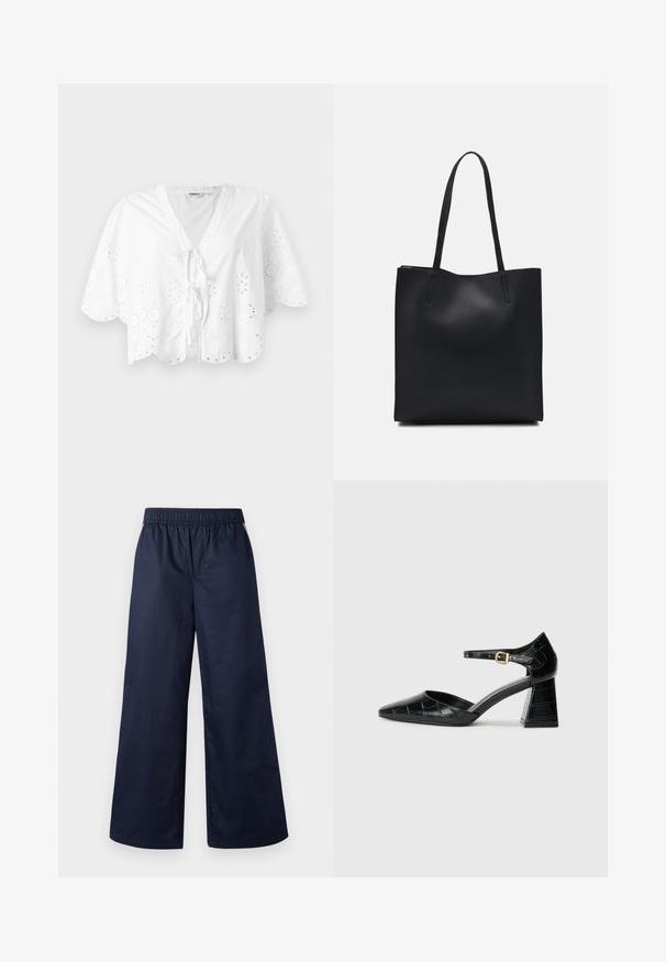 Bluză albă cu decolteu în V, mâneci scurte și tiv ondulat. Detaliu de broderie cu ochiuri pe margini, cu o închidere cu panglică în față.; Pantaloni largi de culoare bleu închis, cu un talie elastică, textură netedă și fără închideri sau buzunare vizibile.; Pantofii negri din piele lăcuită cu toc înalt, vârf ascuțit, curea la gleznă și model texturat de crocodil. Design cu toc pătrat.; Geantă tote neagră din piele, cu textură netedă, formă rectangulară și două mânere lungi. Fără hardware vizibil sau ornamente.