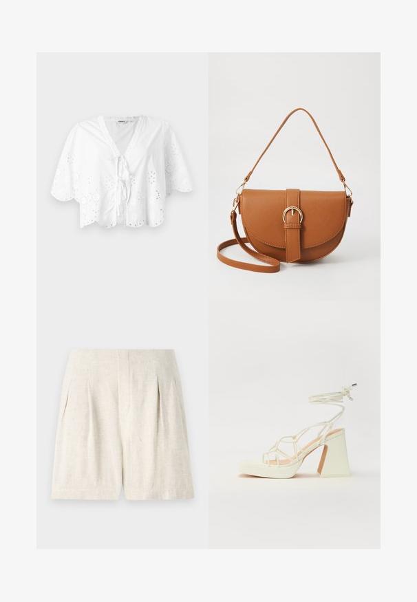Blusa blanca con escote en V, mangas cortas y dobladillo con forma de ola. Detalle de bordado de ojal alrededor de los bordes, con un cierre de lazo en la parte delantera.; Pantalones cortos de lino color beige claro con un diseño estructurado, que cuentan con pliegues y un corte limpio y recto. Textura suave, sin hardware visible ni adornos.; Sandalia de tacón alto blanca con un tacón grueso, que presenta un diseño de tiras y un lazo en el tobillo. Textura suave con una plataforma en la parte delantera para mayor altura.; Bolso bandolera de cuero marrón con forma curvada, herrajes dorados y un acento de hebilla. Incluye una correa de hombro desmontable.