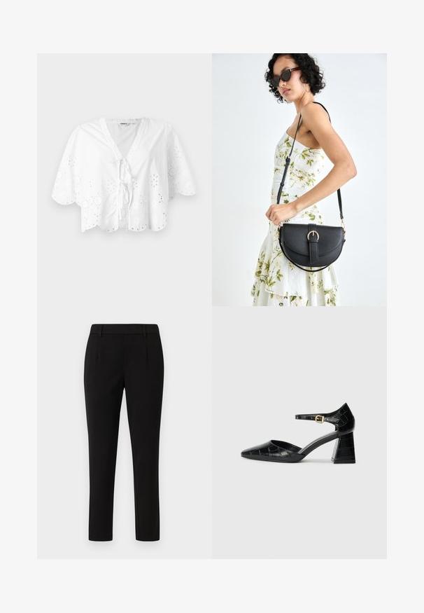 Bluză albă cu decolteu în V, mâneci scurte și tiv ondulat. Detaliu de broderie cu ochiuri pe margini, cu o închidere cu panglică în față.; Pantaloni negri, ajustați, cu un design dreaptă, realizați dintr-un material neted. Prezintă un față plată, bucle pentru curea și fără buzunare.; Pantofii negri din piele lăcuită cu toc înalt, vârf ascuțit, curea la gleznă și model texturat de crocodil. Design cu toc pătrat.; Geantă din piele neagră, cu o formă curbată, curea detașabilă și accesorii aurii. Geanta are un capac cu un detaliu tip cataramă.