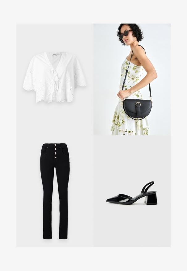 Weiße Bluse mit V-Ausschnitt, kurzen Ärmeln und gewelltem Saum. Mit Lochstickerei entlang der Kanten und einer Bindeschleife vorne.; Schwarze hochtaillierte Jeans mit schmaler Passform, ausgestattet mit fünf silbernen Druckknöpfen und Fronttaschen. Glatter Denim-Stoff ohne Muster.; Schwarze Lackleder-Slingback-High Heels mit spitzem Schuh und einem geometrischen Blockabsatz. Verfügt über ein schlankes, minimalistisches Design und eine glatte Textur.; Schwarze Lederhandtasche mit geschwungener Form, abnehmbarem Tragegurt und goldenen Beschlägen. Die Tasche verfügt über einen Deckel mit einer Schnallen-Details.