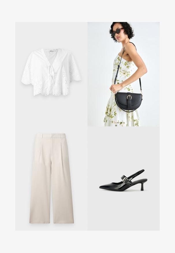 Balta bluzelė su V formos dekolte, trumpomis rankovėmis ir banguota apačia. Aplink kraštus yra akių siuvinėjimo detalės, o priekyje yra užrišamas užsegimas.; ONLY ONLLANDO PLEAT CULOTTE PANT - Kelnės - pumice stone; Juodai lakuoti slingback aukštakulniai su smailiu kojų pirštu ir mažais blokiniais kulniukais, su sidabro sagtimi ant dirželio.; Juodas odinis krepšys su išlenkta forma, nuimamu dirželiu ir auksiniais detalėmis. Krepšys turi kilpą su sagtimi.