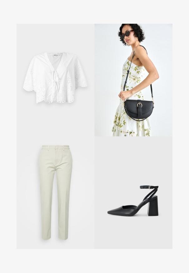 Valkoinen paita, jossa on V-pääntie, lyhyet hihat ja aallotettu helma. Silkkipistookirjonta reunojen ympärillä, sekä sidontanauha edessä.; Vaaleanbeige suorat housut, jotka on valmistettu puuvillasta, ja joissa on tasainen etuosa, vyölenkit sekä ei näkyviä taskuja tai kuvioita.; Mustat nahkakengät, joissa on kapea kärki, nilkkaremmi ja paksu korko. Tasainen pinta, tyylikäs muotoilu ja minimalistinen estetiikka.; Musta nahkainen käsilaukku, joka on kaareva muotoilultaan, irrotettavalla hihnalla ja kultaisilla yksityiskohdilla. Laukussa on läppä, jossa on solk yksityiskohta.