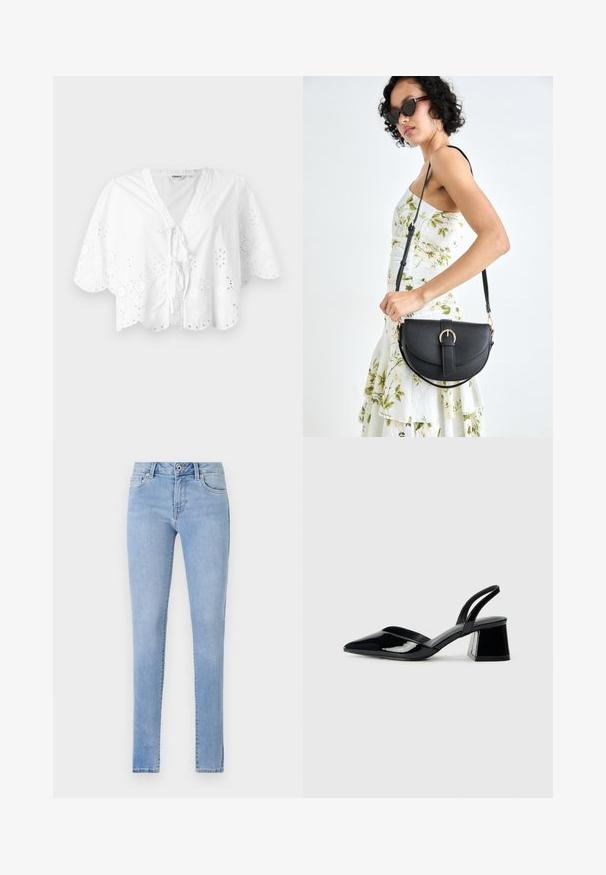 Bijela bluza s V izrezom, kratkim rukavima i valovitim rubom. Detalji vezene oči oko rubova, s vezivanjem sprijeda.; Svijetloplavi traperice s uskim krojem, koje imaju pet džepova, suptilne detalje šivanja i standardni pojas s jednim kopčanjem.; Crne lakirane kožne sandale s otvorenom petom i špicastim vrhom, s geometrijskom blok petom. Imaju elegantan, minimalistički dizajn i glatku teksturu.; Crna kožna torba s lukovitim oblikom, odvojivim remenom i zlatnim detaljima. Torba ima preklop s kopčom.