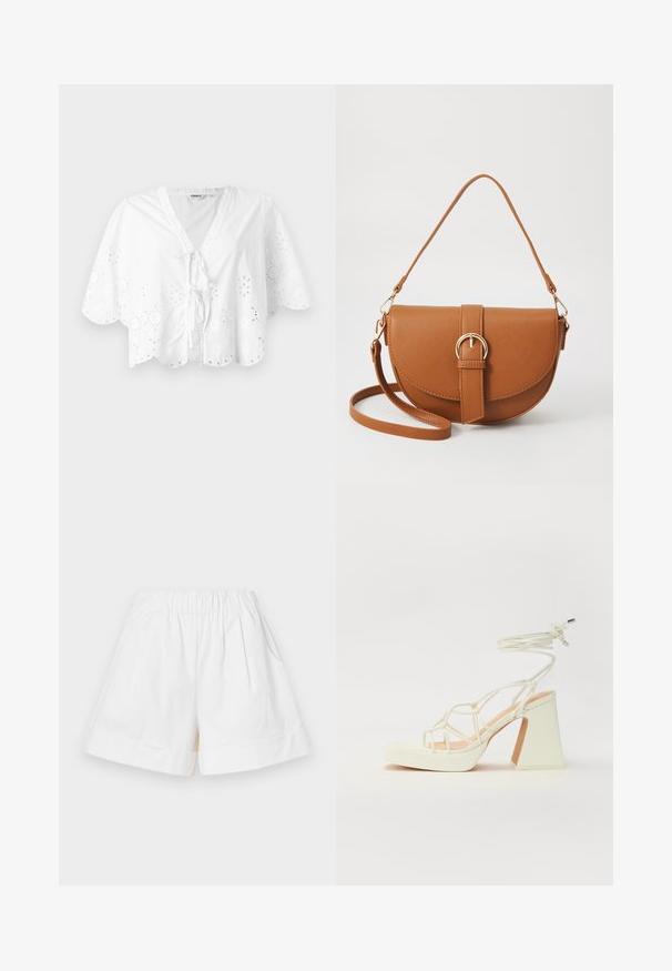 Hvid bluse med V-udskæring, korte ærmer og bølget kant. Øjelets broderidetalje rundt om kanterne, med en snorelukning foran.; Hvide, bomuldsshorts med elastisk talje, to side lommer og opfoldede manchetter. Plisseret design tilføjer tekstur og dybde.; Hvide højhælede sandaler med en kraftig hæl, der har et stropdesign og ankelbinding. Glat tekstur med en platform foran for ekstra højde.; Brun læder crossbody taske med en buet form, guldfarvet hardware og en spændeaccent. Har en aftagelig skulderrem.