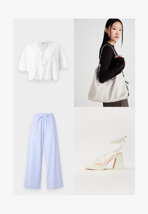Witte blouse met een V-hals, korte mouwen en een golvende zoom. Gaatjes borduursel rondom de randen, met een striksluiting aan de voorkant.; Lichtblauwe gestreepte wijde broek met een elastische tailleband en verstelbare strik. Kenmerkt zich door een zachte stof met verticale strepen voor textuur.; Witte hoge hakken sandaal met een chunky hak, met een bandjesontwerp en enkelband. Gladde textuur met een plateau voor extra hoogte.; Beige handtas gemaakt van zacht materiaal, met een slonzig ontwerp, gestikte details en twee schouderbanden. Geschikt voor dagelijks gebruik.
