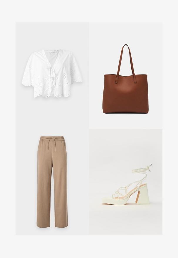 Biela blúzka s výstrihom do V, krátkymi rukávmi a ozdobným lemom. S detailami výšivky v tvare očiek okolo okrajov a s viazaním na prednej strane.; Béžové široké nohavice vyrobené z texturovanej látky, s elastickým pásom a detailom na viazanie, so subtilnými vertikálnymi pruhmi.; Biele sandále na vysokom opätku s hrubým podpätkom, s pruhovaným dizajnom a viazaním na členku. Hladký povrch s platformou vpredu pre zvýšenú výšku.; Hnedá kožená taška na rameno s hladkou textúrou, otvoreným vrchom a dvoma ramenými popruhmi. Má minimálne šitia a žiadne viditeľné kovania.