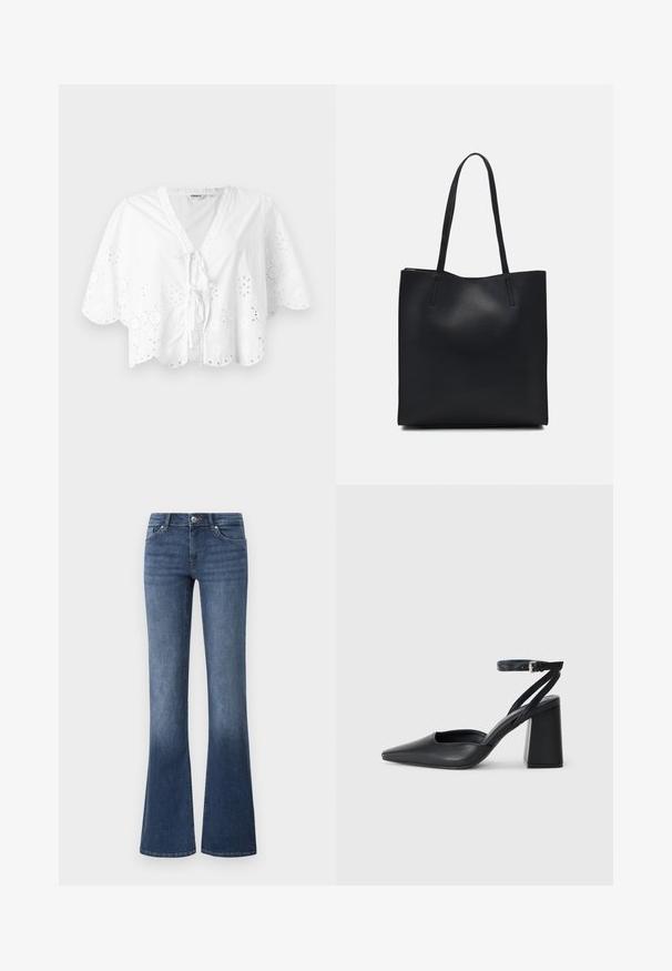 Blusa branca com decote em V, mangas curtas e barra com recortes em forma de ondas. Detalhe de bordado em ilhós ao longo das bordas, com fecho em laço na frente.; Calças de ganga largas azuis, feitas de denim, com lavagem média, cinco bolsos e um fecho de correr com botão. Textura suave.; Sandal com biqueira afilada em couro preto, com cinta no tornozelo e salto grosso. Textura lisa, design elegante e estética minimalista.; Bolsa tote preta em couro com textura lisa, forma retangular e duas alças longas. Sem hardware ou enfeites visíveis.