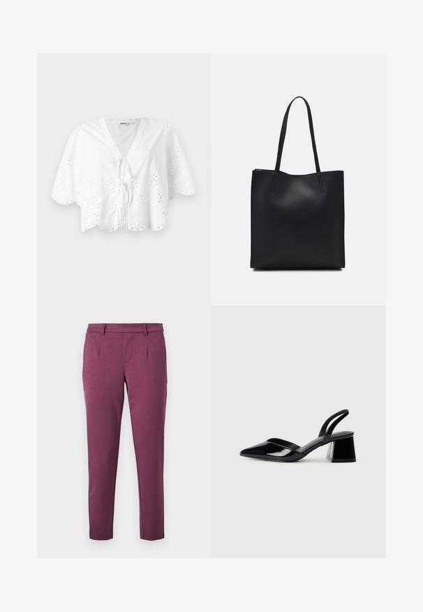 Blusa bianca con scollo a V, maniche corte e orlo a scallop. Dettagli di ricamo ad occhietti attorno ai bordi, con chiusura a fiocco davanti.; Pantaloni a taglio dritto di colore prugna con passanti per cintura, tasche laterali e vita sartoriale su sfondo bianco.; Décolleté in vernice nera con punta affusolata e tacco in geometria cubica. Presentano un design elegante e minimalista, con una texture liscia.; Borsa tote in pelle nera con texture liscia, forma rettangolare e due manici lunghi. Nessun hardware o decorazione visibile.
