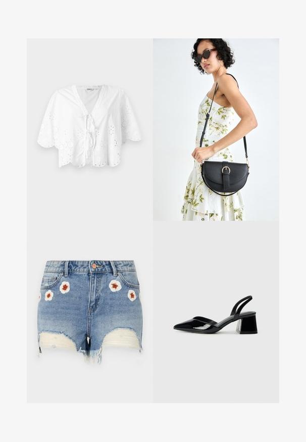 Blusa branca com decote em V, mangas curtas e barra com recortes em forma de ondas. Detalhe de bordado em ilhós ao longo das bordas, com fecho em laço na frente.; Shorts de ganga com bainha desfiada, de cor azul-claro, apresentando bordados florais em branco e castanho na parte da frente. Design de cinco bolsos.; Sandy em verniz preto com salto slingback, ponta afilada e salto geométrico. Apresenta um design elegante e minimalista com textura suave.; Bolsa de couro preta com forma curva, alça destacável e detalhes em dourado. A bolsa possui uma aba com detalhe de fivela.