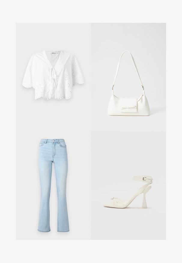 Balta blūze ar V veida kaklu, īsām piedurknēm un vilnītu apakšmalu. Acu izšuvumi ap malām, ar saišu aizdari priekšā.; Gaišā zila flared džinsos ar augstu jostasvietu, piecu kabatu dizainu un vieglu izbalēšanu uz kājām, pabeigti ar izšūtiem maliņām.; Balti ādas striķu augstpapēžu sandales ar elegantu dizainu, caurspīdīgu blokveida papēdi un dekoratīvu elementu pirksta daļā.; Balta sintētiska soma ar trīsstūrveida formu, plakanu priekšējo vāciņu un loku detaļu, regulējamu siksnu, gludu tekstūru un minimālistisku dizainu.