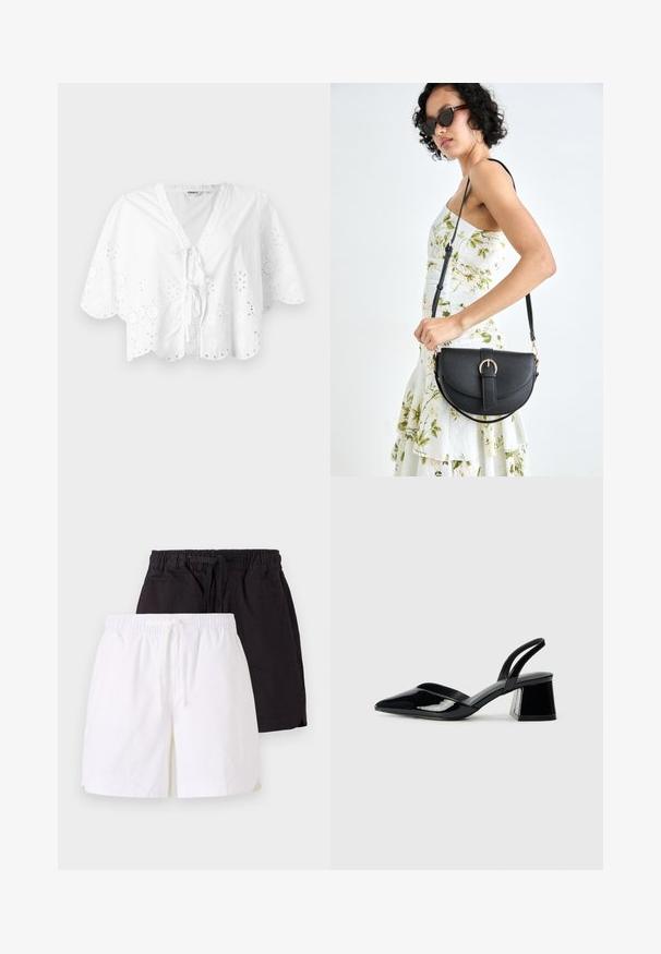 White blouse featuring a V-neck, short sleeves, and scalloped hem. Eyelet embroidery detail around the edges, with a tie closure at the front.; Two pairs of shorts: one white and one black, both with a relaxed fit, elastic waistband, and drawstring. Cotton material, plain design.; Black patent leather slingback heels with a pointed toe and a geometric block heel. Features a sleek, minimal design and smooth texture.; Black leather handbag with a curved shape, detachable strap, and gold hardware. The bag features a flap with a buckle detail.