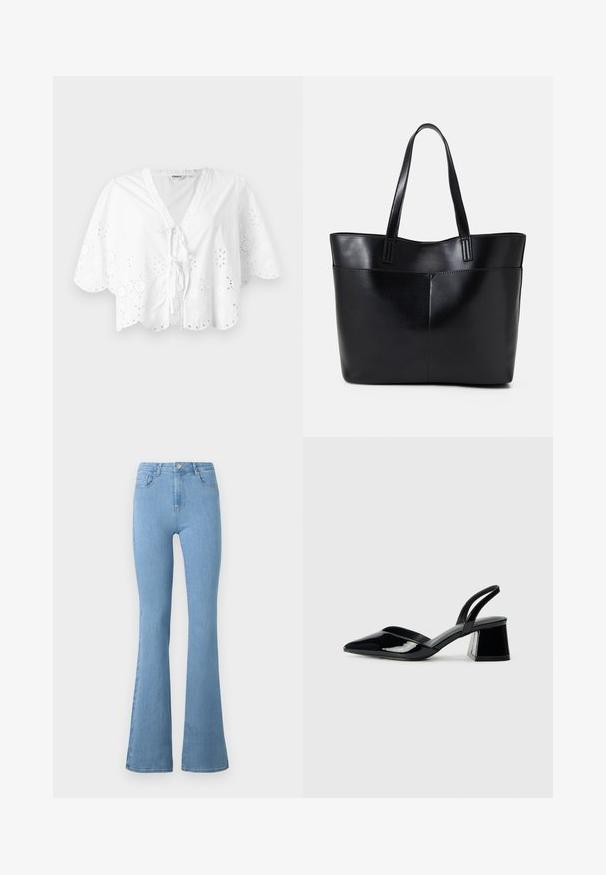 Valge pluus V-kaelusega, lühikeste varrukatega ja lainelise alläärega. Silmadega tikand detail äärealadel, ees kinnitamiseks side.; Heledad sinised laiemad teksapüksid, mis on valmistatud denimist, sisaldavad kõrget vöökohaga, viit taskut, ees olevaid tõmblukke ja metallist nööbikinnitust.; Mustad musta lakknahk kingad, millel on terav varvas ja geomeetriline plokkkonts. Omab elegantselt minimalistlikku disaini ja sujuvat tekstuuri.; Must mustaga musta nahast, millel on kaks pikka kanda, sile tekstuur ja struktureeritud kuju. Esipoolsel on lisakoti jaoks tasku.