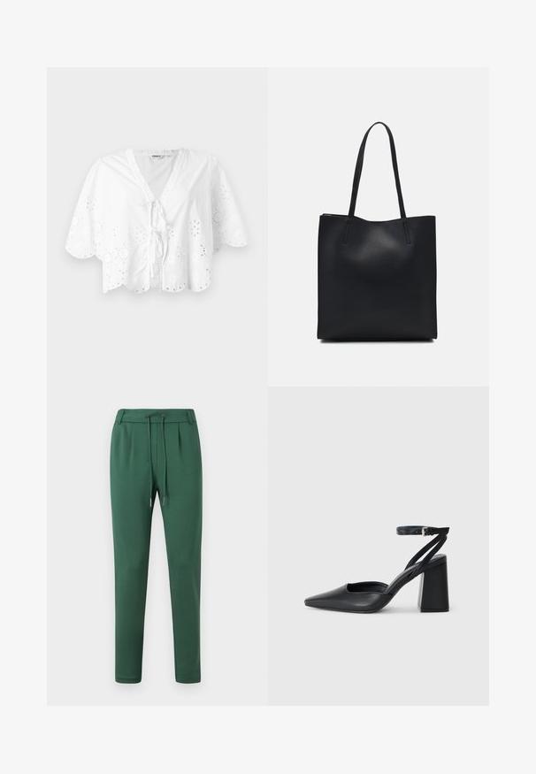 Balta bluzelė su V formos dekolte, trumpomis rankovėmis ir banguota apačia. Aplink kraštus yra akių siuvinėjimo detalės, o priekyje yra užrišamas užsegimas.; Žalios sportinės kelnės iš minkštos medžiagos, su elastinga juostele ir raišteliu, siaurėjančiomis kojomis ir šoninėmis klostėmis.; Juoda odinė smailiagalė aukštakulnio bateliai su kulkšnies dirželiu ir storu kulnu. Lygus paviršius, elegantiškas dizainas ir minimalistiška estetinė. ; Juodas odinis tote krepšys su lygia tekstūra, stačiakampio formos ir dviem ilgais rankenomis. Matomų metalinių detalių ar puošybos nėra.