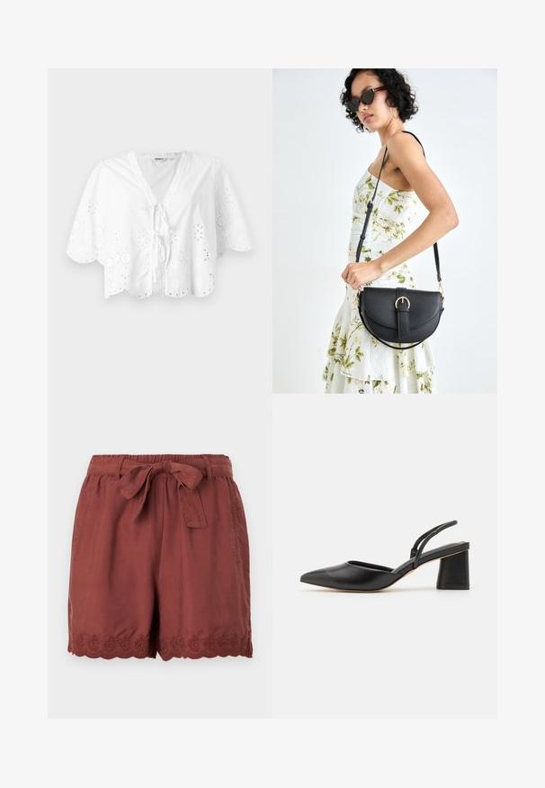 White blouse featuring a V-neck, short sleeves, and scalloped hem. Eyelet embroidery detail around the edges, with a tie closure at the front.; Rust-colored shorts made of lightweight fabric, featuring an elastic waistband with a tie, and intricate scalloped embroidery at the hem.; Black leather slingback shoe with a pointed toe, low block heel, and minimalistic design featuring thin straps and smooth texture.; Black leather handbag with a curved shape, detachable strap, and gold hardware. The bag features a flap with a buckle detail.
