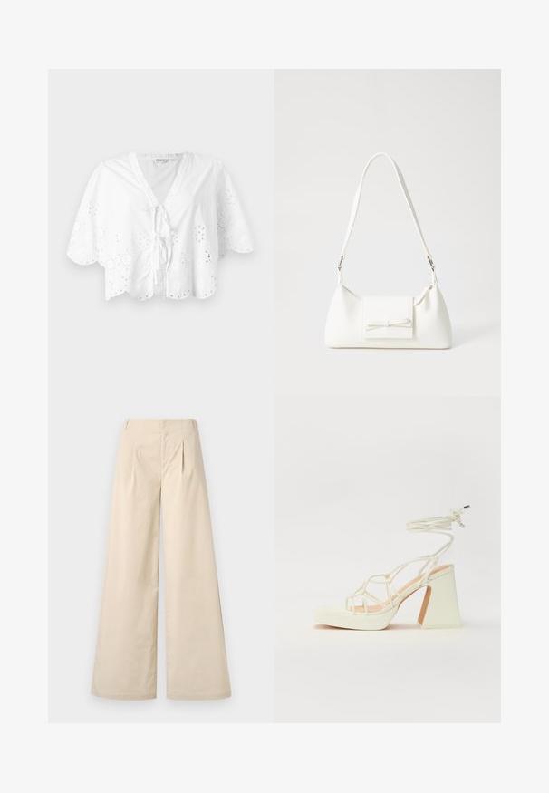 Balta blūze ar V veida kaklu, īsām piedurknēm un vilnītu apakšmalu. Acu izšuvumi ap malām, ar saišu aizdari priekšā.; Beige platās kāju bikses ar augstu jostasvietu, priekšējām krokām un gludu kokvilnas audumu. Iekļauj sānu kabatas un izsmalcinātu, precīzu dizainu.; Baltas augstpapēžu sandales ar masīvu papēdi, ar siksnu dizainu un potītes saistītiem elementiem. Gluda tekstūra ar platformu priekšpusē, lai nodrošinātu papildu augstumu.; Balta sintētiska soma ar trīsstūrveida formu, plakanu priekšējo vāciņu un loku detaļu, regulējamu siksnu, gludu tekstūru un minimālistisku dizainu.