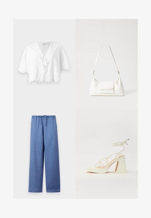 White blouse featuring a V-neck, short sleeves, and scalloped hem. Eyelet embroidery detail around the edges, with a tie closure at the front.; Light blue, wide-leg trousers with a drawstring waist, made from a soft fabric, featuring a smooth texture and a loose fit.; White high-heeled sandal with a chunky heel, featuring a strappy design and ankle tie. Smooth texture with a platform front for added height.; White synthetic handbag with a triangular shape, flat front flap and bow detail, adjustable strap, smooth texture, and minimalistic design.
