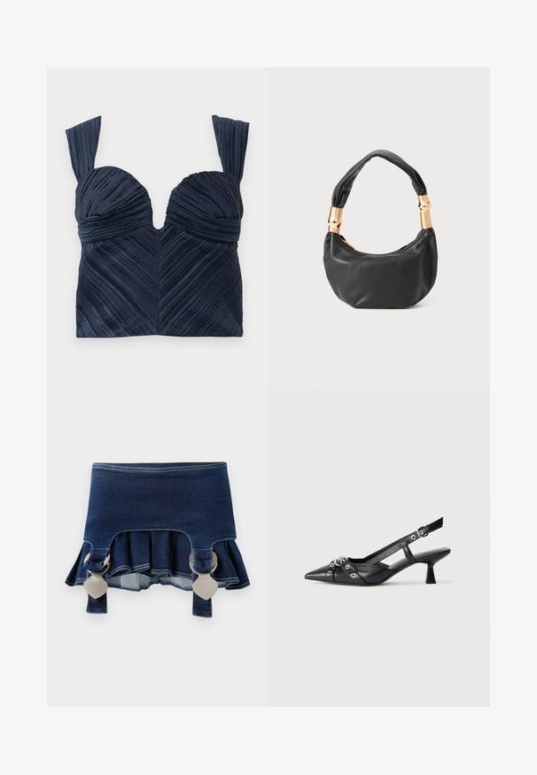 Tamsiai mėlynas klostuotas trumpas topas su širdelės iškirpte ir plačiomis petnešėlėmis; turi vertikalių tekstūruotų linijų, kurios sudaro ševrono raštą.; Denim sijonas su išplatinta apačia. Savybės: du reguliuojami pilki užsegimai, tamsiai mėlyna spalva ir kontrastingi siuvimo detalės palei apatinę briauną.; Juodas odinis slingback tipo batai su smailiu priekiniu atvartu, dekoratyvinėmis sagtimis su metaliniais akyčiais ir žemu blokiniu kulnu. Saldus paviršius.; Juodas odinis rankinukas apvalios formos, minkštos tekstūros su susietu rankena ir auksinės spalvos detalėmis. Užtrauktuko uždarymas.