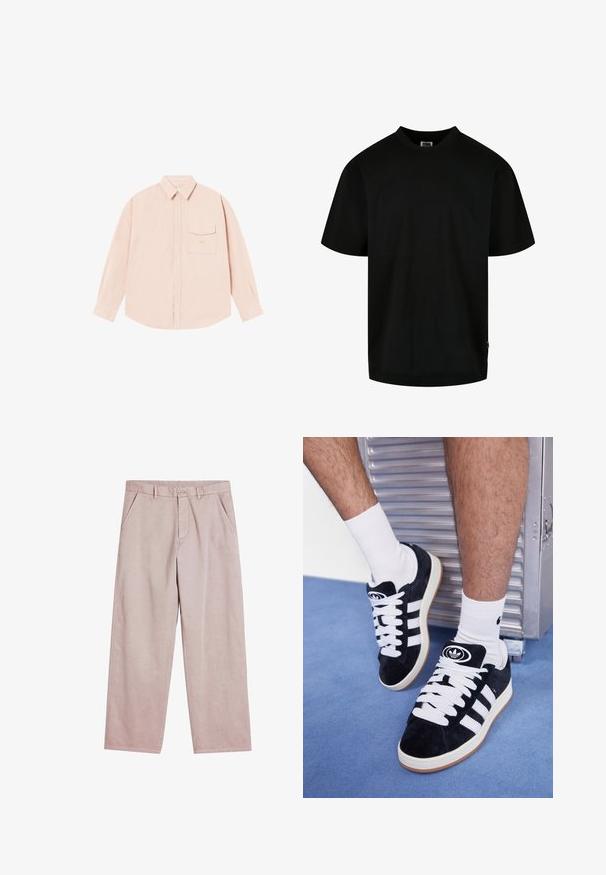 Lichtroze overhemd met lange mouwen, gemaakt van zachte stof, met een button-down kraag, een borstzak en een subtiel geborduurd logo op de borst.; Zwart T-shirt van katoen, met een ronde hals en korte mouwen in een losse pasvorm. Eenvoudig ontwerp, zonder patronen of grafische elementen.; Lichtroze wijde broek gemaakt van zachte stof, met voorzakken en een knoopsluiting, voorzien van subtiele stiksel details.; Zwarte suède sneakers met witte veters en drie witte strepen. Heeft een cirkelvormig zwart logo op de tong en een gumrubberen zool.