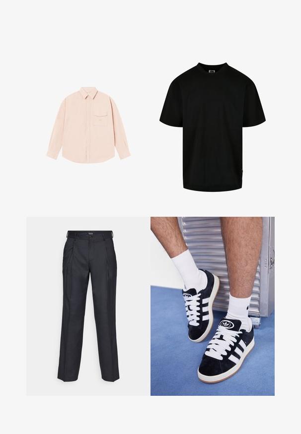 Gaišs rozā garo piedurkņu krekls, izgatavots no mīksta auduma, ar pogājamu kaklu, priekšējo kabatu un nedaudz izšūtu logo uz krūtīm.; Melnā kokvilnas T-kreklu ar apaļu kakla izgriezumu un īsām piedurknēm, brīvā piegriezumā. Vienkāršs dizains, bez rakstiem vai grafikas.; Tumši zili pielāgoti bikses ar krokām, izgatavotas no gludas auduma. Aprīkotas ar pogas aizdari un jostas cilpām. Tīrs, taisnas kājas dizains.; Melni zamšaini sporta apavi ar baltiem šņorēm un trim baltām svītrām. Iekļauj arī apaļu melnu logotipu uz mēles un gumijas zoli.