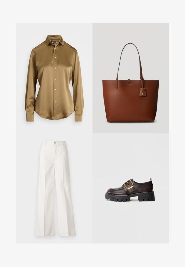 Chemise en satin marron avec col pointu, manches longues et fermeture à boutons à l'avant. Présente un ourlet incurvé et une texture lisse. Les boutons à l'avant sont en argent.; Pantalons blancs à jambes larges en coton avec une texture douce. Comprend un bouton à l'avant, une fermeture éclair et un design à quatre poches.; Chaussure en cuir marron avec une semelle noire épaisse, dotée d'une grande boucle en or et d'une texture lisse, conçue avec un bout arrondi.; Sac fourre-tout en cuir brun avec une texture granuleuse, deux poignées, une petite étiquette attachée et un logo discret sur le devant. Texture lisse avec une forme structurée.
