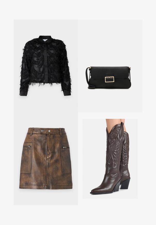 Selected Femme SLFMYLINE FLUFFY CROPPED - Chemisier - black; Jupe en cuir marron à taille haute, avec des poches zippées à l'avant et une texture lisse présentant des variations subtiles pour plus de profondeur.; Bottes de cowboy en cuir marron avec un bout pointu et un talon bloc, présentant des coutures détaillées et des accents en relief sur la tige.; Pochette en cuir noir avec un rabat et un détail en boucle en métal doré. Inclut une sangle noire et un design épuré et minimaliste.