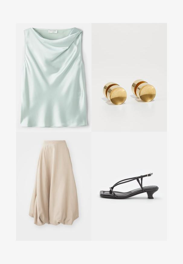 Lichtblauw satijnen mouwloos topje met een gedrapeerde kraag en een gladde textuur. Het label leest "Tiger of Sweden 1993."; Beige ballonrok gemaakt van zachte stof. Kenmerkt zich door een hoge taille en een volumineus ontwerp met geplooide textuur aan de zoom.; Zwarte leren sandaal met dunne banden, lage blokhak en vierkante neus. Heeft een gespsluiting en een zachte textuur.; Gouden metalen oorbellen met een eenvoudige ronde vorm, voorzien van een gladde afwerking en een gecentraliseerde gepolijste band. Heeft een diameter van ongeveer 1 cm.