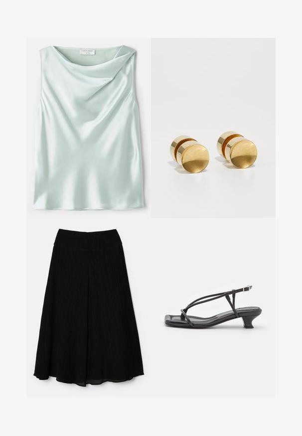 Gaiši zils satīna bez piedurknēm tops ar krītošu kakla izgriezumu un gludu tekstūru. Etiķete uzrakstīta "Tiger of Sweden 1993."; Melna midi svārku, ar plisētu dizainu. Mīksts, viegls audums; plats jostasvīrs. Apakšmala krīt zem ceļgala ar plūstošu siluetu.; Melnas ādas sandales ar plānām siksniņām, zemu blokveida papēdi un kvadrātveida deguniem. Ar sprādzi un gludu tekstūru.; Zeltaini metāla auskari ar vienkāršu apaļu formu, ar gludu apdari un centrālu pulētu joslu. Diametrs aptuveni 1 cm.