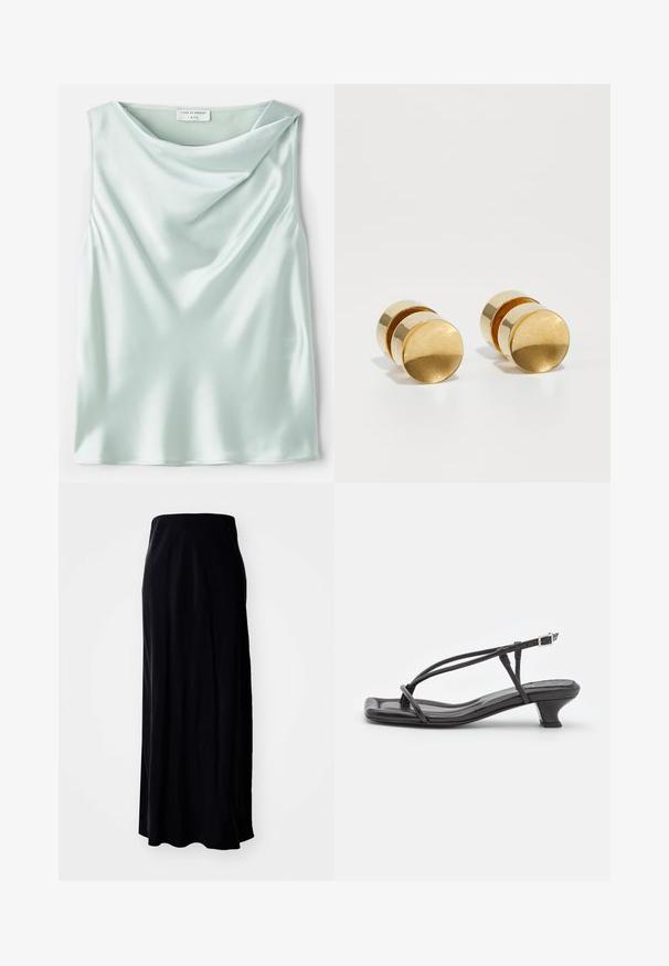 Lichtblauw satijnen mouwloos topje met een gedrapeerde kraag en een gladde textuur. Het label leest "Tiger of Sweden 1993."; Zwarte maxiskirt van zachte stof; heeft een rechte silhouet, een gladde textuur en een licht uitlopende zoom.; Zwarte leren sandaal met dunne banden, lage blokhak en vierkante neus. Heeft een gespsluiting en een zachte textuur.; Gouden metalen oorbellen met een eenvoudige ronde vorm, voorzien van een gladde afwerking en een gecentraliseerde gepolijste band. Heeft een diameter van ongeveer 1 cm.