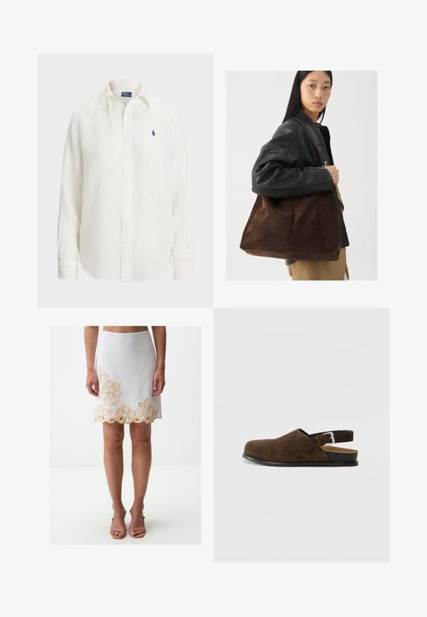 Weißes Leinenhemd mit langen Ärmeln, Button-Down-Kragen und Knöpfen auf der Vorderseite. Verfügt über ein kleines blaues gesticktes Logo auf der Brust.; Weißer Rock mit besticktem goldenen Blumenmuster am Saum, der eine figurbetonte Silhouette und einen glatten, strukturierten Stoff aufweist.; Braune Wildleder-Ballenrutscher mit niedrigem Absatz, verstellbarem Riemen mit silberner Schnalle und schwarzer Gummisohle.; Braune Wildleder-Tasche mit breiter Form und weicher Textur, ausgestattet mit einem einzigen Tragegurt und minimalem Zubehör vor einem neutralen Hintergrund.