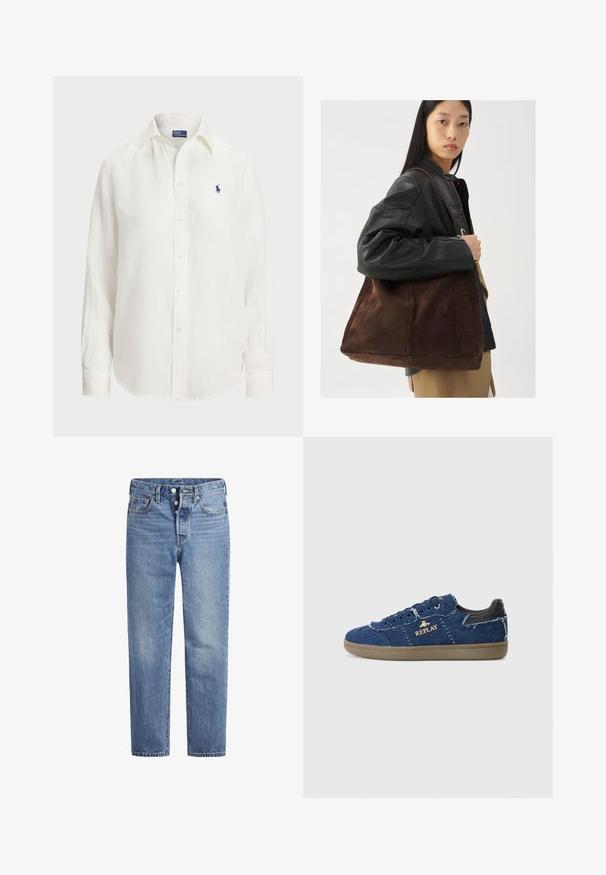 White linen shirt with long sleeves, button-down collar, and front buttons. Features a small blue embroidered logo on the chest.; Light blue denim jeans with a straight cut, five-pocket design, and a button fly. Features subtle fading and orange stitching accents.; Replay PYPER - Trainers - blue; Brown suede tote bag with a wide shape and soft texture, featuring a single strap and minimal hardware against a neutral backdrop.