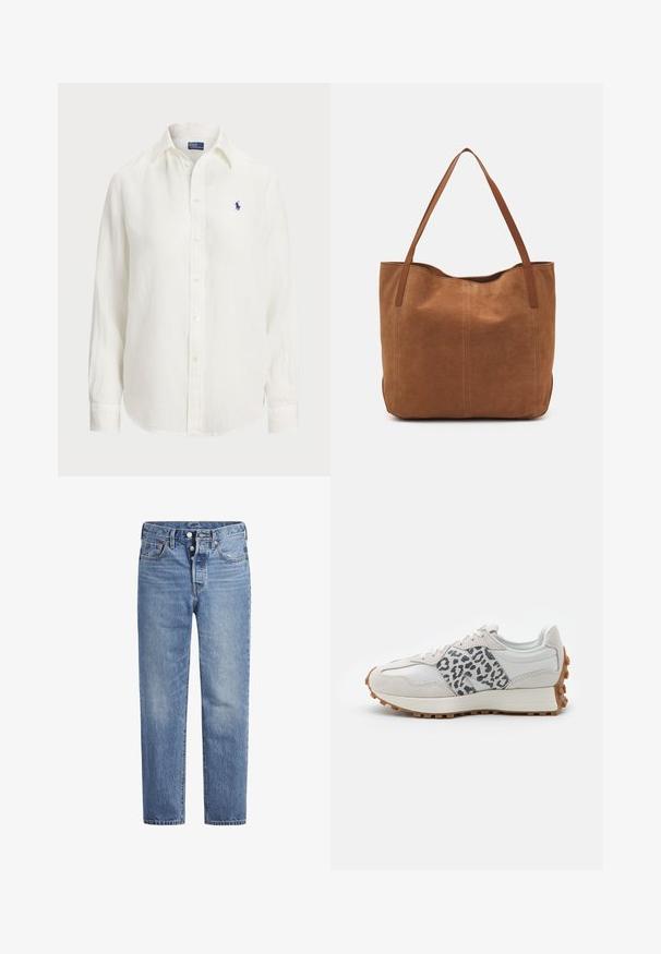 Bílá lněná košile s dlouhými rukávy, s límcem na knoflíky a předními knoflíky. Disponuje malým modrým vyšívaným logem na hrudi.; Světle modré džíny s rovný střih, designem s pěti kapsami a knoflíkovým zapínáním. Mají jemné vyblednutí a oranžové prošití.; Bílé tenisky s šedými akcenty v leopardím vzoru, z materiálů semiš a kůže, texturovanou podrážkou a gumovou podrážkou, kulatou špičkou a šněrovacím designem.; Hnědá semišová taška s dvěma dlouhými uchy, se hladkým povrchem, jednoduchým designem a bez viditelného kování nebo dekorací.
