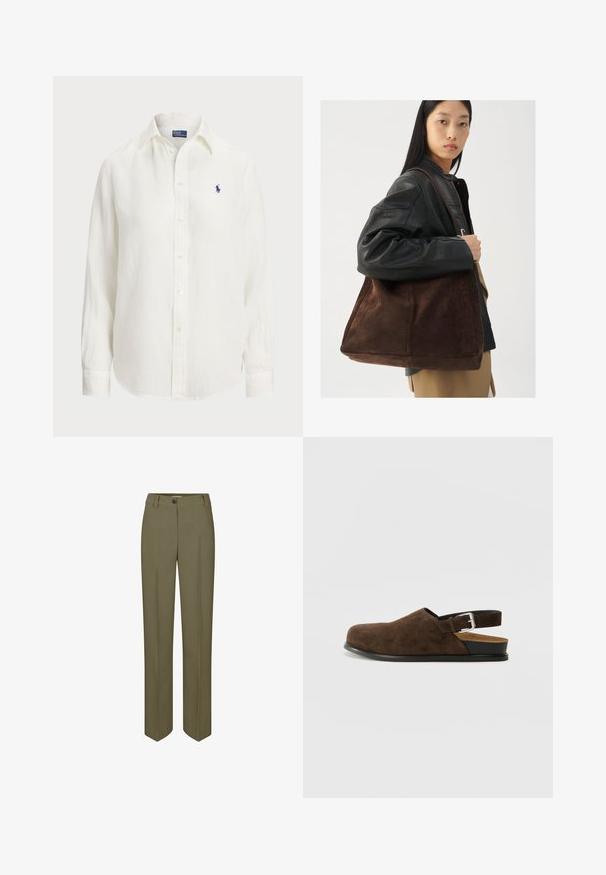 Valge linane särk pikade varrukatega, nööpide ja allapoole painutatud kaelusega. Ees on nööbid. Rinnal on väike sinine brodeeritud logo.; Oliivroheline istuv püksid sirge säärega, ühe nööbi kinnitusega ja kahe ees oleva voldiga, sujuva kudumise tekstuuriga.; Pruunid nahast libisemisega kingad madala kontsaga, reguleeritav rihm hõbedase klambriga ja must kummitald.; Pruun suede totes kott laia kujuga ja pehme tekstuuriga, millel on üks rihm ja minimaalne riistvara neutraalses taustas.