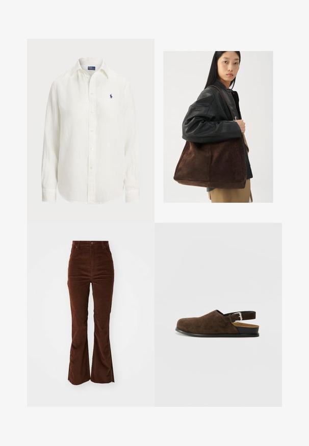 Balta lina krekls ar garām piedurknēm, pogām uz apkakles un priekšpuses. Uz krūtīm ir neliels zils izšūts logotips.; Augsti vidukļa brūni kordūru bikses ar priekšējām kabatām un izplestām kājām, kas aprīkotas ar rāvējslēdzējiem gar ārējām šuvēm.; Biezu zamšādai kurpe ar zemu papēdi, regulējamu siksniņu ar sudraba sprādzi un melnu gumijas zoli.; Brūns zamša toleta soma ar plašu formu un mīkstu tekstūru, ar vienu siksniņu un minimālu aparatūru uz neitrāla fona.