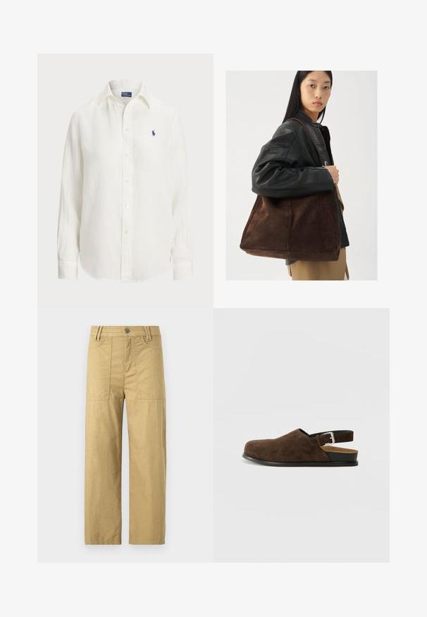 Camisa de lino blanca con mangas largas, cuello tipo button-down y botones en la parte frontal. Presenta un pequeño logotipo bordado en azul en el pecho.; Pantalones cargo de algodón beige con una cintura alta, dos bolsillos frontales y un corte relajado. Presentan un cierre con gancho y cremallera en la parte delantera.; Zapato de ante marrón tipo slip-on, con tacón bajo, correa ajustable con hebilla de plata y suela de goma negra.; Bolsa de tote de ante marrón con forma amplia y textura suave, con una sola correa y un hardware minimalista sobre un fondo neutro.
