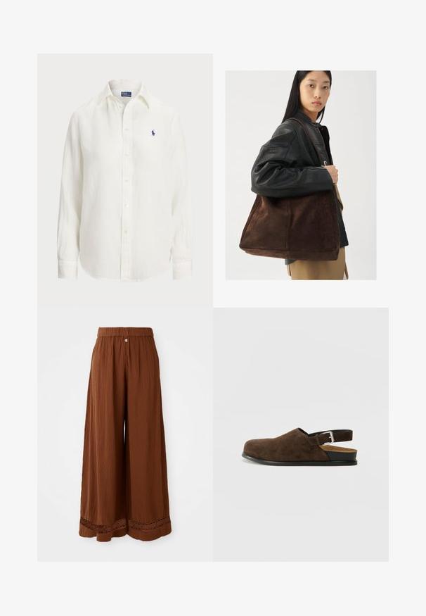 Weißes Leinenhemd mit langen Ärmeln, Button-Down-Kragen und Knöpfen auf der Vorderseite. Verfügt über ein kleines blaues gesticktes Logo auf der Brust.; Braune weit geschnittene Hosen aus strukturiertem Stoff, mit einem gerafften Bund und Spitzenverzierungen am Saum.; Braune Wildleder-Ballenrutscher mit niedrigem Absatz, verstellbarem Riemen mit silberner Schnalle und schwarzer Gummisohle.; Braune Wildleder-Tasche mit breiter Form und weicher Textur, ausgestattet mit einem einzigen Tragegurt und minimalem Zubehör vor einem neutralen Hintergrund.