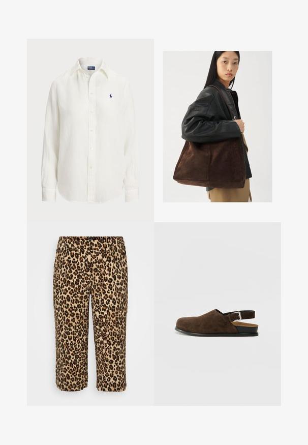 Weißes Leinenhemd mit langen Ärmeln, Button-Down-Kragen und Knöpfen auf der Vorderseite. Verfügt über ein kleines blaues gesticktes Logo auf der Brust.; Leopardenmuster-Hosen aus weichem Stoff. Sie verfügen über einen elastischen Bund, eine verkürzte Länge und ein Muster aus schwarzen und braunen Flecken auf einem beigen Hintergrund.; Braune Wildleder-Ballenrutscher mit niedrigem Absatz, verstellbarem Riemen mit silberner Schnalle und schwarzer Gummisohle.; Braune Wildleder-Tasche mit breiter Form und weicher Textur, ausgestattet mit einem einzigen Tragegurt und minimalem Zubehör vor einem neutralen Hintergrund.