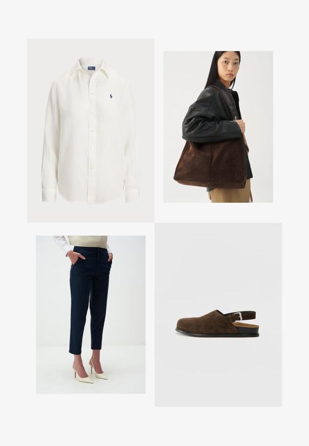 Witte linnen blouse met lange mouwen, knoopsluiting en knopen aan de voorkant. Heeft een klein blauw geborduurd logo op de borst.; Navy taillebroek gemaakt van katoen, met een slim fit, zijzakken en omgeslagen zoom, gecombineerd met crèmekleurige hoge hakken.; Bruin suède instapper met een lage hak, een verstelbare band met een zilveren gesp en een zwarte rubberen zool.; Bruine suède tote bag met een brede vorm en zachte textuur, voorzien van een enkele schouderband en minimale hardware tegen een neutrale achtergrond.