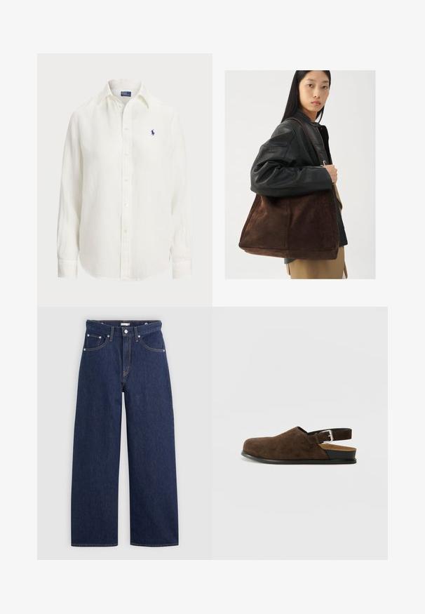 Biele ľanové tričko s dlhými rukávmi, košeľovým golierom a predným zapínaním na gombíky. Obsahuje malé modré vyšitú logo na hrudi.; Tmavomodré džíny s širokými nohavicami a vysokým pásom, s piatimi vreckami, pútkami na opasok a detailami z medi. Hladká textúra.; Hnedé semišové slip-on topánky s nízkym opätkom, nastaviteľným remienkom so striebornou sponou a čiernou gumovou podrážkou.; Hnedá semišová taška cez rameno s širokým tvarom a mäkkou textúrou, s jedným popruhom a minimálnym kovovým doplnkom na neutrálnom pozadí.