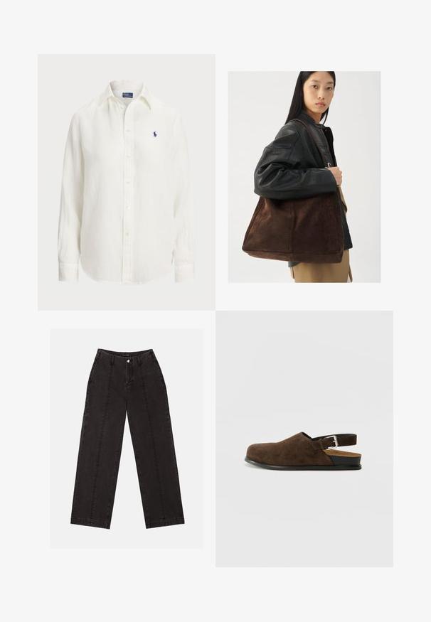 Balta liniška marškiniai su ilgomis rankovėmis, mygtukų užsegimu priekyje ir apykakle. Vientisą krūtinės dalyje puošia mažas mėlynas išsiuvinėtas logotipas.; Juodi plačios klešnės džinsai, pagaminti iš džinsinio audinio, su aukštu liemeniu, priekiu užsegami mygtuku ir dviem vertikaliomis siūlėmis priekyje.; Rudos suede'o slip-on tipo batai su žemu kulnu, reguliuojama juosta su sidabriniu sagtimi ir juodu guminimu padu.; Rudos aksomo pintinės krepšys su plačia forma ir minkšta tekstūra, turintis vieną dirželį ir minimalų furnitūrą prieš neutralią fono spalvą.