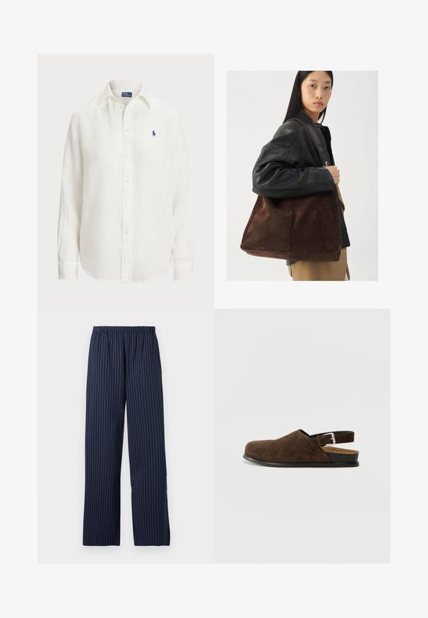 White linen shirt with long sleeves, button-down collar, and front buttons. Features a small blue embroidered logo on the chest.; Navy blue wide-leg trousers with a pinstripe pattern, featuring an elastic waistband and a smooth texture.; Brown suede slip-on shoe with a low heel, an adjustable strap with a silver buckle, and a black rubber sole.; Brown suede tote bag with a wide shape and soft texture, featuring a single strap and minimal hardware against a neutral backdrop.