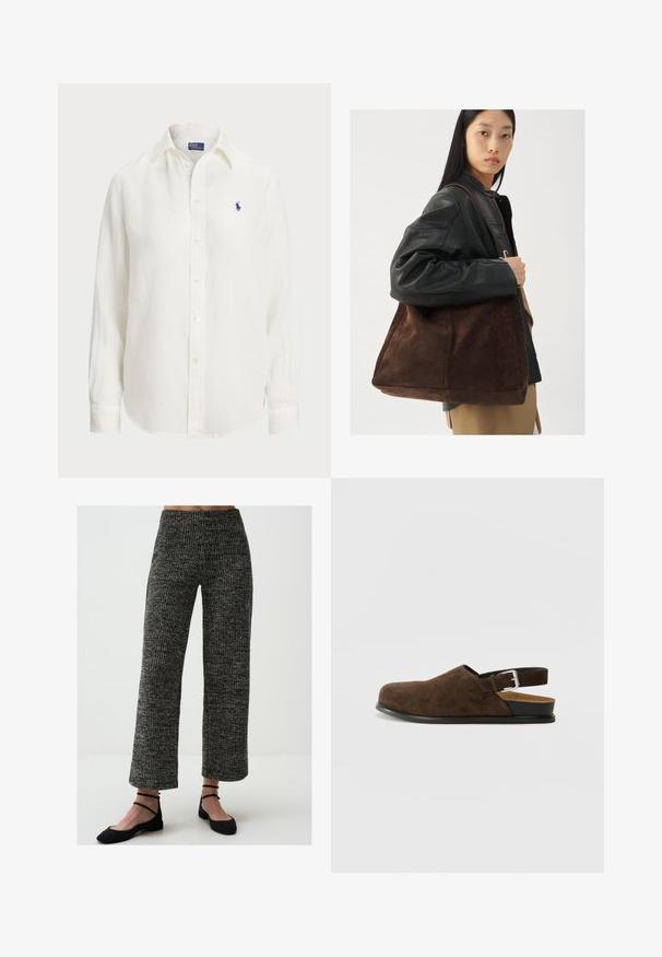 Witte linnen blouse met lange mouwen, knoopsluiting en knopen aan de voorkant. Heeft een klein blauw geborduurd logo op de borst.; Wijdvallende, gebreide broek in een zwart-wit patroon. Heeft een hoge taille en geribbelde textuur. Gecombineerd met zwarte platte schoenen.; Bruin suède instapper met een lage hak, een verstelbare band met een zilveren gesp en een zwarte rubberen zool.; Bruine suède tote bag met een brede vorm en zachte textuur, voorzien van een enkele schouderband en minimale hardware tegen een neutrale achtergrond.