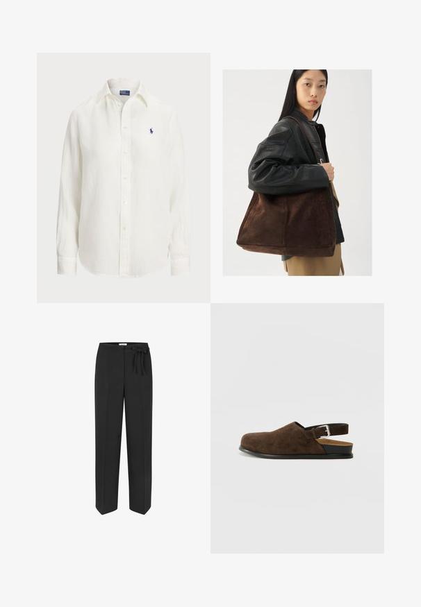 Biała lniana koszula z długimi rękawami, z kołnierzykiem zapinanym na guziki oraz guzikami z przodu. Posiada małe niebieskie wyszywane logo na piersi.; Czarne, wysokie spodnie z wiązanym paskiem. Wykonane z gładkiego materiału, z prostymi nogawkami i dwiema przednimi kieszeniami.; Brązowy zamszowy but wsuwany z niskim obcasem, regulowanym paskiem z srebrną klamrą i czarną gumową podeszwą.; Brązowa zamszowa torba typu tote o szerokim kształcie i miękkiej teksturze, z pojedynczym uchwytem i minimalnym wykończeniem na neutralnym tle.