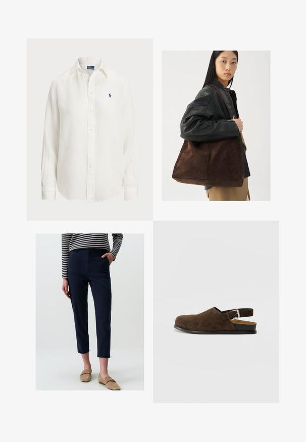 Biała lniana koszula z długimi rękawami, z kołnierzykiem zapinanym na guziki oraz guzikami z przodu. Posiada małe niebieskie wyszywane logo na piersi.; Granatowe chinosy o prostym kroju, z zapięciem na guzik, bocznymi kieszeniami i lekko skróconą długością. Połączone z beżowymi mokasynami.; Brązowy zamszowy but wsuwany z niskim obcasem, regulowanym paskiem z srebrną klamrą i czarną gumową podeszwą.; Brązowa zamszowa torba typu tote o szerokim kształcie i miękkiej teksturze, z pojedynczym uchwytem i minimalnym wykończeniem na neutralnym tle.