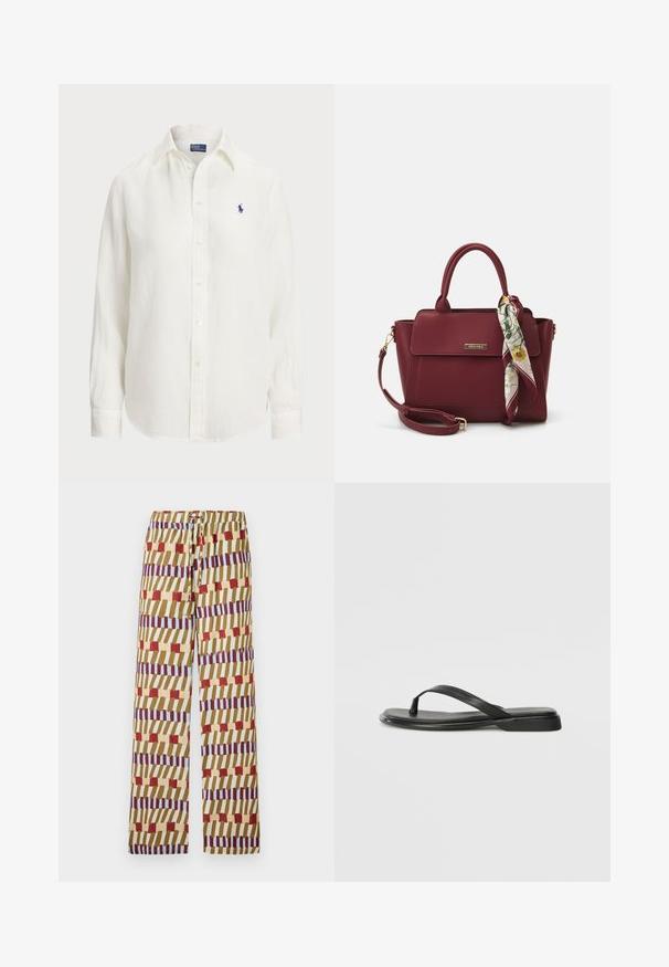 Weißes Leinenhemd mit langen Ärmeln, Button-Down-Kragen und Knöpfen auf der Vorderseite. Verfügt über ein kleines blaues gesticktes Logo auf der Brust.; Bunte gemusterte Hosen mit einem Kordelzugbund, hergestellt aus leichtem Stoff. Das Design umfasst Streifen in Rot, Blau und Gelb.; Schwarze Flip-Flops aus glattem Leder, mit einem dünnen Riemendesign und einer flachen Sohle mit minimalem Profil. Keine bemerkenswerten Muster oder Akzente.; Burgunderfarbene Handtasche aus synthetischem Material mit strukturiertem Design, ausgestattet mit einem abnehmbaren Trageriemen und einem blumenmusternden Schal, der am Griff gebunden ist.