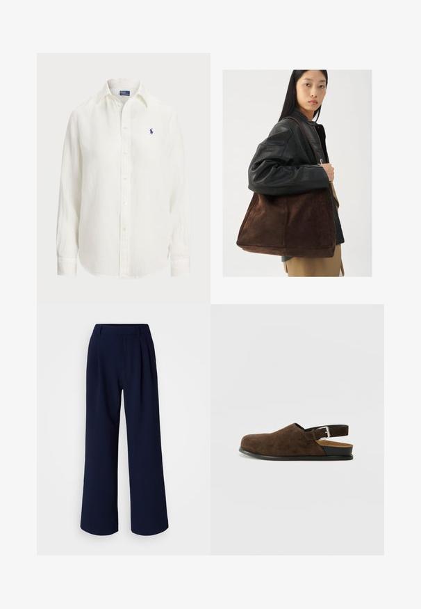 Biała lniana koszula z długimi rękawami, z kołnierzykiem zapinanym na guziki oraz guzikami z przodu. Posiada małe niebieskie wyszywane logo na piersi.; Spodnie o szerokich nogawkach w ciemnym granacie, z pliskami z przodu, gładkiego materiału i klasycznym pasem. Bez widocznych kieszeni ani detali.; Brązowy zamszowy but wsuwany z niskim obcasem, regulowanym paskiem z srebrną klamrą i czarną gumową podeszwą.; Brązowa zamszowa torba typu tote o szerokim kształcie i miękkiej teksturze, z pojedynczym uchwytem i minimalnym wykończeniem na neutralnym tle.