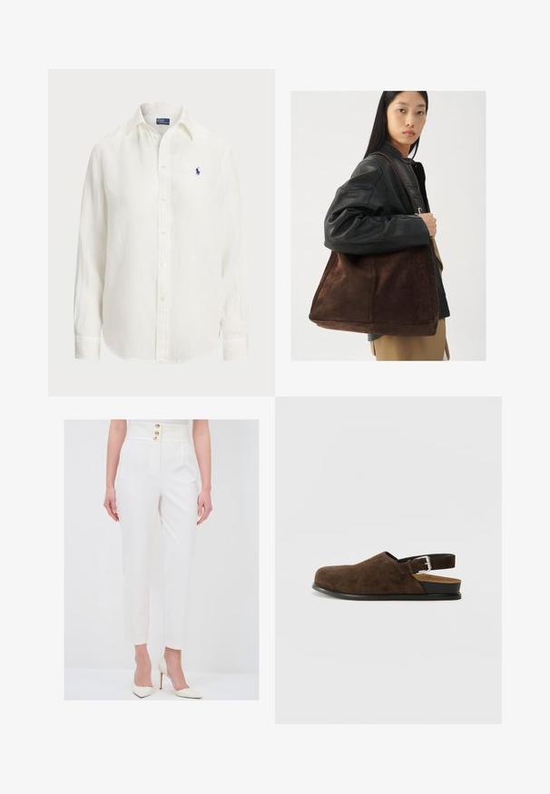 Witte linnen blouse met lange mouwen, knoopsluiting en knopen aan de voorkant. Heeft een klein blauw geborduurd logo op de borst.; adL Broek - white; Bruin suède instapper met een lage hak, een verstelbare band met een zilveren gesp en een zwarte rubberen zool.; Bruine suède tote bag met een brede vorm en zachte textuur, voorzien van een enkele schouderband en minimale hardware tegen een neutrale achtergrond.
