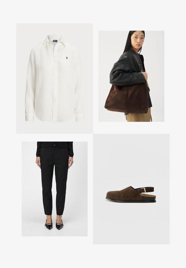 Hvit linskjorte med lange ermer, knapp- ned-krage og knapper foran. Har en liten blå brodert logo på brystet.; Svarte pinstripe-bukser har en skreddersydd passform med en glatt tekstur. Kombinert med blanke svarte stilettoer som viser elegante linjer.; Brune semsket slip-on sko med lav hæl, justerbar rem med en sølvspænde og en sort gummisål.; Brun semsketoteveske med bred form og myk tekstur, med en enkelt stropp og minimal maskinvare mot en nøytral bakgrunn.